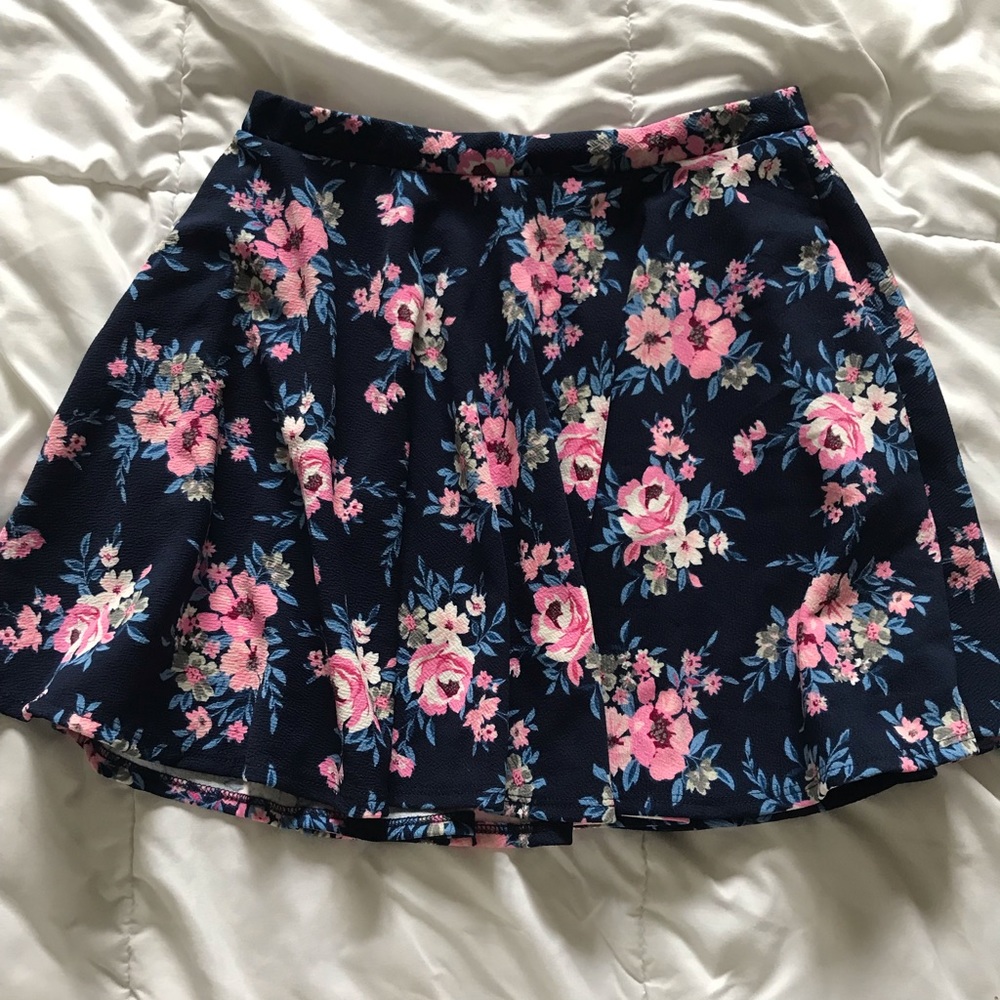 Navy and Floral Detail Mini Skater Skirt